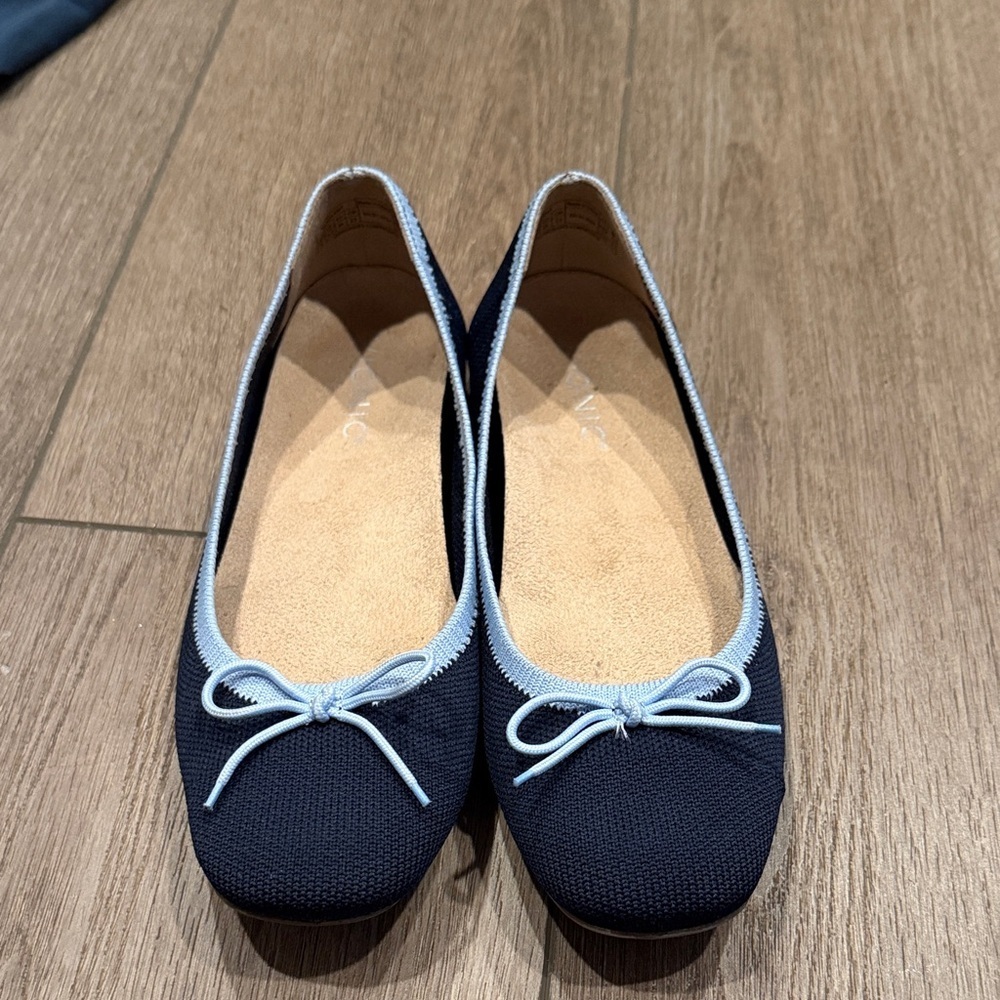 Vionic Knit Ballet Flats Navy Blue Square Toe Bow Comfort Shoes